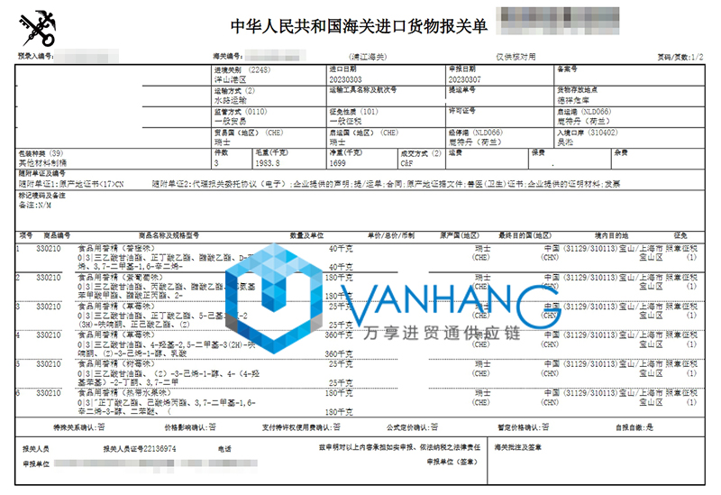 瑞士食用香精進口報關(guān)資料